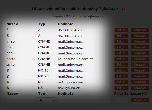 Otisk obrazovky domena.cz (DNS záznamy)